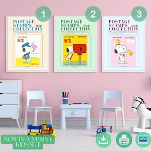 Snoopy Kinderzimmer Wand Kunst Set - 3 süße druckbare japanische Briefmarken Poster für Kinderzimmer Dekor - Digital Download, Instant Art, Briefmarke