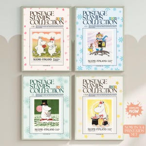 以下が含まれることがあります： フィンランドのヴィンテージ切手をあしらった4つのフレーム入りプリント。各プリントには、異なるムーミンキャラクターのイラストが描かれています。プリントはパステルカラーで、装飾的なボーダーがあります。「POSTAGE STAMPS COLLECTION」と「SUOMI-FINLAND 1」の文字が含まれています。