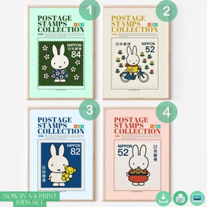 Miffy Bunny Stempel Art Set - 4 druckbare Kinderabdrücke im japanischen Stil - niedliches Kinderzimmerdekor - digitaler Download Wandposter