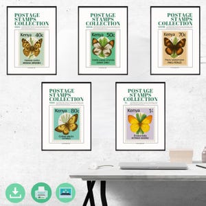 Juego de pósteres vintage de mariposas de Kenia: 5 láminas de arte mural de naturaleza imprimibles / Descarga digital de sellos postales africanos
