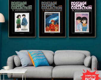 Set di francobolli e poster di anime e manga retrò: arte murale giapponese (download digitale)