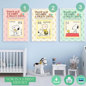 Snoopy Poster Set fürs Kinderzimmer | Japanischer Stil | Digital Download, Kawaii Geschenk zur Geburt, Lucy, Linus, Peppermint