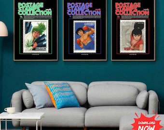 Set di poster di manga e anime retrò: francobolli giapponesi degli anni '80/'90 (download digitale)