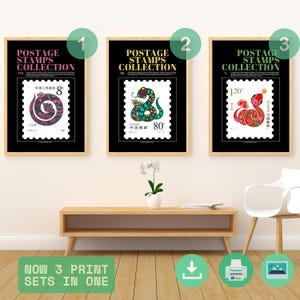 Chinesisches Sternzeichen Wall Art Set - 3 Vintage Briefmarken | Schlange, Affe, Hahn | Digitaler Download | Printable Home | 3-in-1