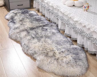 Premium Genuine Sheepskin Rug 2x6 Grey Wolf Tip Soft & Natural Bedside Area Rug, Natural, Double Pelt Sheepskin Throw Pelt