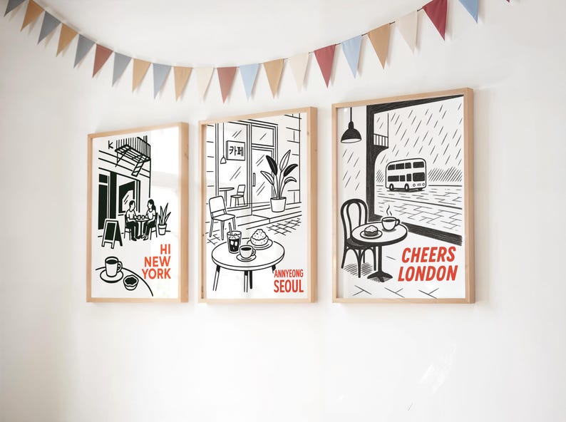 Cafe Wall Art Set of 3 – New York Seoul London Prints, Minimalist ...