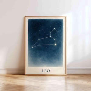 Decorazione murale con la costellazione del Leone – Stampa della mappa delle stelle dello zodiaco per la cameretta dei bambini o il soggiorno/Decorazione del segno zodiacale del Leone/Opera d'arte digitale del cielo notturno