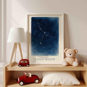 Impresión de la constelación de Canis Major: mapa estelar con Sirio / Arte mural astronómico para guardería, habitación infantil o aula / Póster digital del cielo nocturno