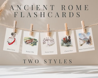 12 Romarrikets flashcards för barn – Utskrivbara historiekort med akvarellkonst och fakta – Lärandemedel om antikens Rom – 2 versioner