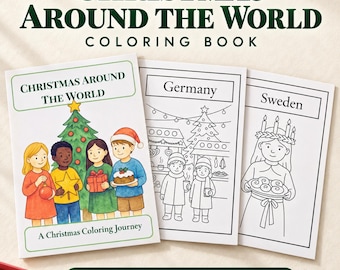 Può includere: Un libro da colorare intitolato Christmas Around the World con una copertina colorata raffigurante quattro bambini e oggetti natalizi, insieme a due pagine interne in bianco e nero con scene di Germania e Svezia. Il testo recita Christmas Around the World.