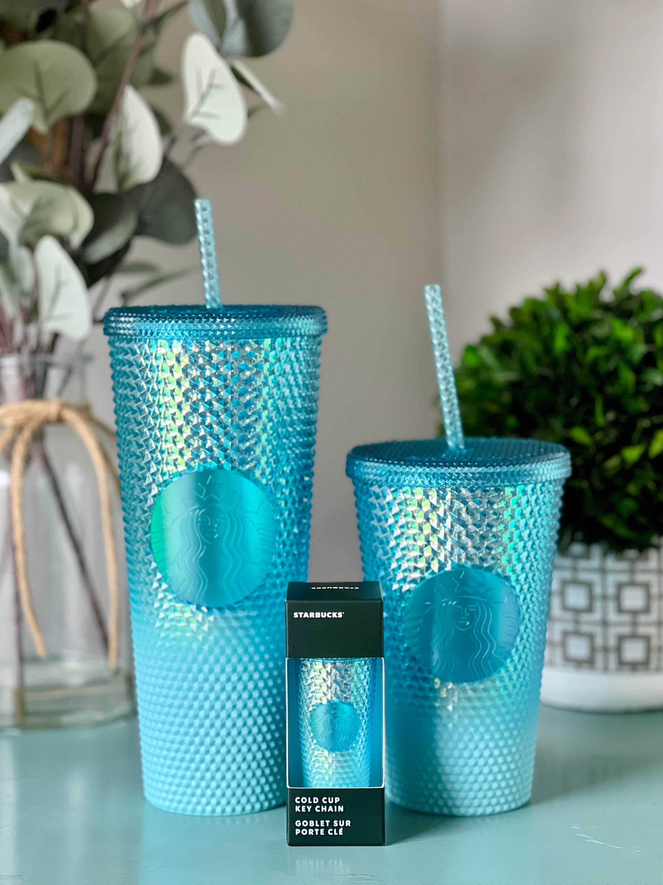 Starbucks Ombré Teal Blue Studded Tumblers and Keychain Serving