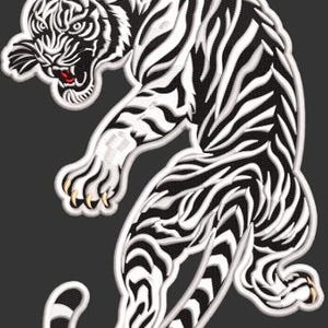 May include: Embroidered patch with a tiger design in black and white, featuring a red mouth. The tiger is shown in a dynamic pose with a white border, set against a dark grey background. Ideal for clothing.