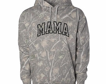 Embroidered Heavyweight Mama Camo Hoodie | Arched Varsity Design (Black Stitches Only)