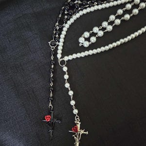 Simple Double Layered Black or Pearl Beaded Rosary - Gothic Inspired Rosary Necklace