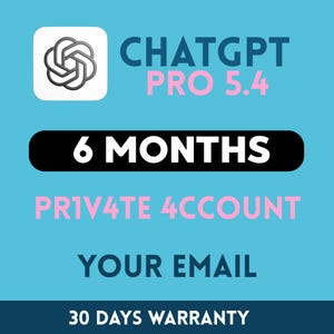 Può includere: Grafica turchese con il logo ChatGPT e testo. Il testo include "ChatGPT PRO 5.4", "6 MESI", "PRIVATE 4 ACCOUNT", "YOUR EMAIL" e "30 GIORNI DI GARANZIA". Il logo è un nodo stilizzato bianco e grigio.