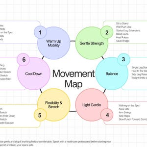 May include: A Movement Map infographic featuring six numbered, color-coded circles arranged in a hexagon. Each circle lists specific exercises for categories including Warm Up Mobility, Gentle Strength, Balance, Light Cardio, Flexibility, and Cool Down.