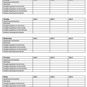 May include: A black and white Patella Tracking Exercise Log with sections for Monday through Friday. Each day lists exercises like Quadricep Contraction and Wall Slide, with spaces for sets 1, 2, and 3.