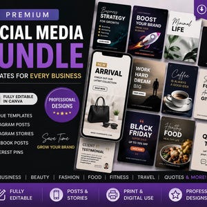 May include: A digital social media template bundle featuring various graphic designs for business marketing. The display includes a smartphone showing a product advertisement, surrounded by multiple rectangular templates with text and imagery.