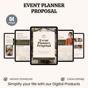 May include: A digital planner proposal template with four pages. The template is designed for event planners and includes sections for an introduction, about us, event overview, and a proposal. The template is editable in Canva and is available for instant download.