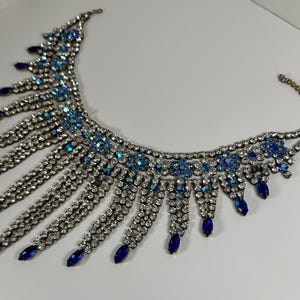 Blue & White Rhinestone Statement Necklace – Crystal Fringe Bib