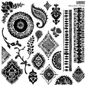 May include: A collection of black and white decorative design elements, including paisley, floral, and geometric patterns. The image features various shapes and sizes, suitable for crafting or design projects. The text "Mercy House Chitenge" is visible.