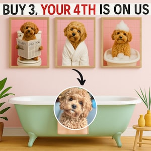 Funny Dog Bathroom Art Set of 3 Prints, Custom Pet Portraits for Bathroom Wall, Dog in Bathtub, Toilet, Reading Newspaper Decor