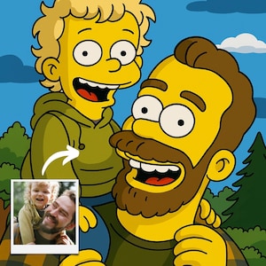 Retrato de pareja personalizado estilo Los Simpsons a partir de una foto, dibujo de personaje de dibujos animados amarillo, divertido regalo de arte digital personalizado para enamorados.