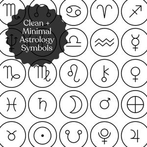 May include: A collection of black and white astrology symbols in circular frames. The image includes symbols for zodiac signs, planets, and other astrological elements. Text in the image reads "Clean + Minimal Astrology Symbols."