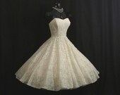 Vintage 1950 39 s 50s STRAPLESS Ivory Lace Rhinestones Soutache Ribbon Circle Skirt Party Prom Wedding DRESS Gown