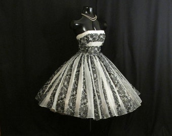 Vintage 1950's 50s Strapless Black White Chiffon Floral Flocked Velvet Lace Organza Party Prom Wedding DRESS