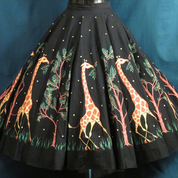 Vintage 1950's 50s Original Giraffe Collectible Novelty Print Full CIRCLE Skirt RARE L/XL Size