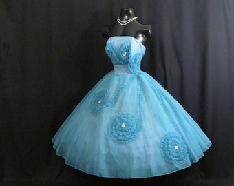Vintage 1950's 50s Strapless Turquoise BLUE Chiffon Organza Rosettes Flowers Party Prom Wedding DRESS