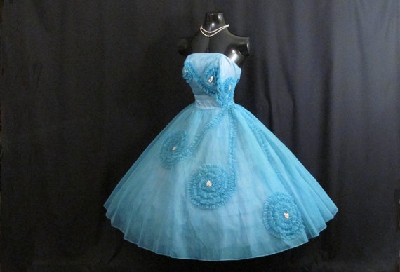 Vintage 1950's 50s Strapless Turquoise BLUE Chiffon 