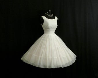 Vintage 1950's 50s White Ivory Ruched CHIFFON Organza Party Prom Wedding Dress Gown