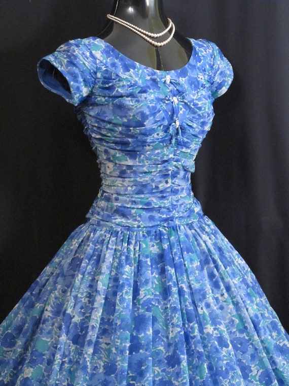 Vintage 1950's 50s Blue Green Ruched Impressionis… - image 3