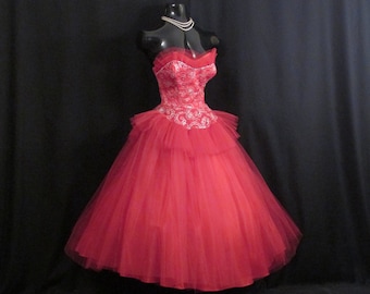 Vintage 1950's 50s Strapless RED Tulle Silver Metallic Embroidered Party Prom DRESS Gown