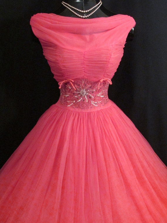 Vintage 1950's 50s Barbie Hot Pink Beaded Ruched … - image 8