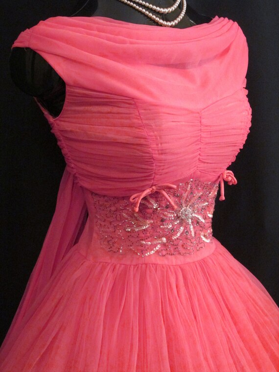 Vintage 1950's 50s Barbie Hot Pink Beaded Ruched … - image 7