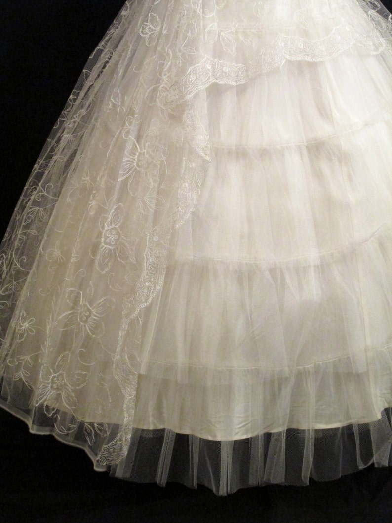 Vintage 50's 50s STRAPLESS Bombshell Ivory Tulle Embroidered Lace Party Prom Wedding DRESS Gown image 5