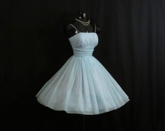 SALE Vintage 50's 50s Baby BLUE Ruched Chiffon Organza Cupcake Party PROM Wedding Dress Gown
