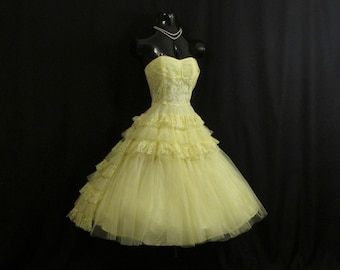SALE Vintage 1950's 50s STRAPLESS Lemon Yellow Tiered Layered Lace Tulle Circle Skirt  Party Prom Wedding Dress Gown