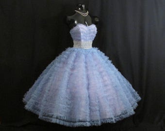 SALE Vintage 1950's 50s Strapless Cupcake Blue Lilac Tulle Ribbon Circle Skirt PROM Party Wedding Dress