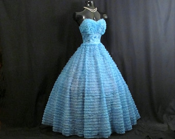 SALE Vintage 1950s 50s Bombshell Strapless Blue Chiffon Organza Layered Tiered Embroidered Party Prom Wedding Bridal Dress Gown