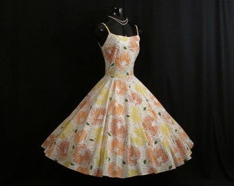 Vintage 1950's 50s Yellow Orange Floral Polished Cotton Fit and Flare Circle Skirt Sundress Party Prom Dress