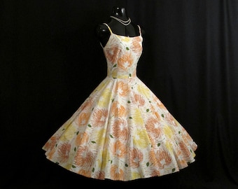 SALE Vintage 1950's 50s Yellow Orange Floral Polished Cotton Fit and Flare Circle Skirt Sundress Party Prom Dress