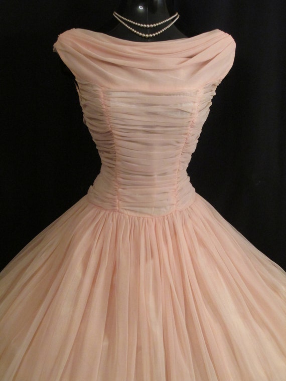 Vintage 1950's 50s Bombshell PINK Ruched Chiffon … - image 6