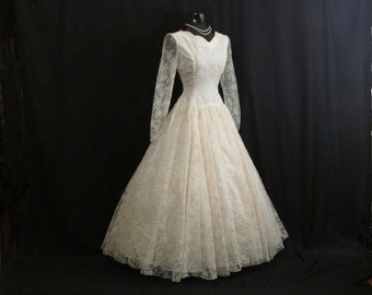 Vintage 1950's 50's Ivory Pink Flocked Chiffon Lace Organza Taffeta Party Prom Wedding Bridal Dress Gown