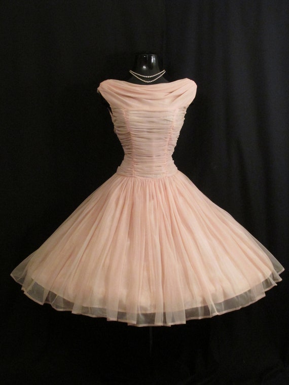 Vintage 1950's 50s Bombshell PINK Ruched Chiffon … - image 3