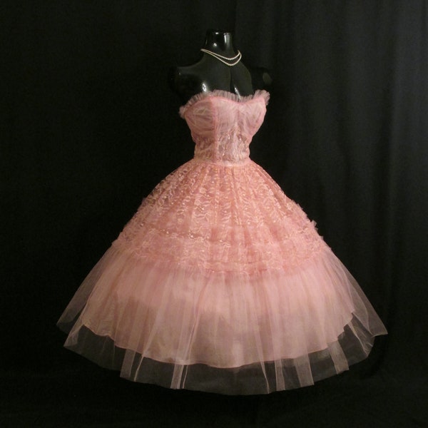 RESERVED  on Layaway *** Vintage 1950's 50s Bombshell STRAPLESS Pink Lace Tulle Party Prom Wedding Bridal Dress Gown Rare Medium to Large