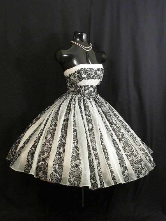 Vintage 1950's 50s Strapless Black White Chiffon Floral Flocked Velvet Lace Organza Party Prom Wedding DRESS